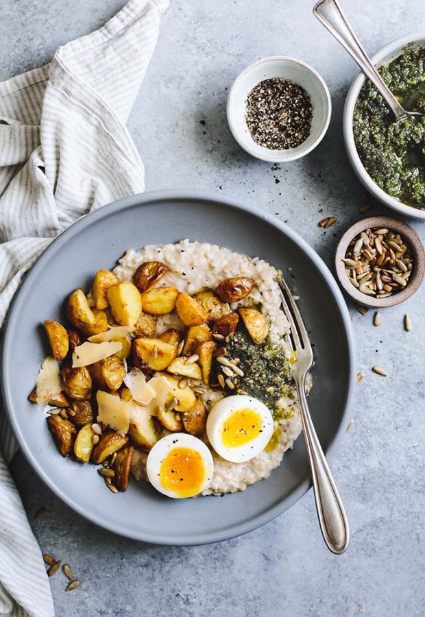Savory Oatmeal Recipes: Cheesy Oatmeal with Crispy Potatoes and Pesto Recipe
