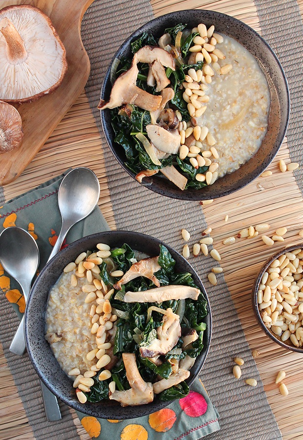 Savory Oatmeal Recipes: Oatmeal with Garlicky Kale, Mushrooms and Pine Nuts Recipe
