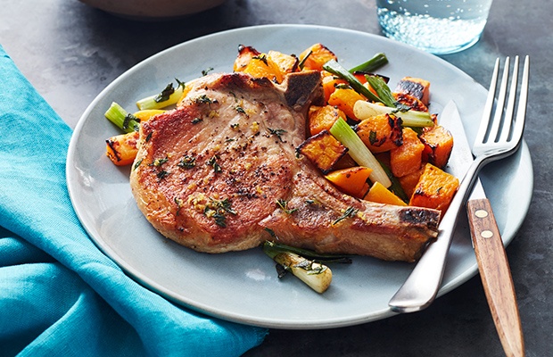 Whole 30 Recipes: Pork Chops and Squash Over Green Onions