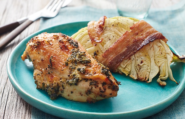 Whole 30 Recipes: Rosemary-Garlic Chicken with Bacon-Wrapped Cabbage